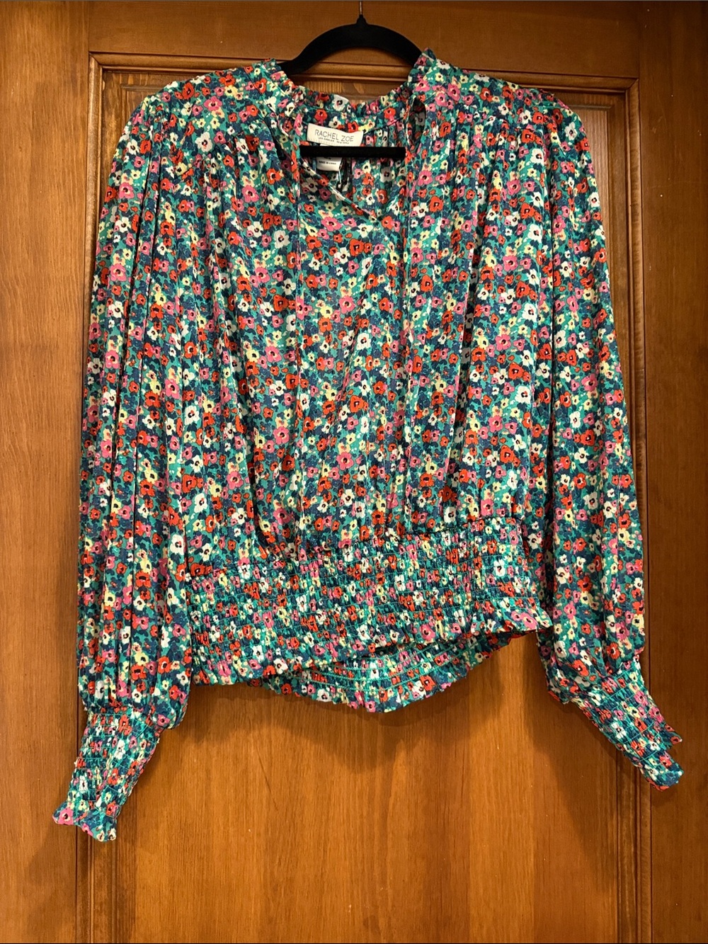 Rachel Zoe Green Floral Smocked-Waist Long Sleeve Blouse